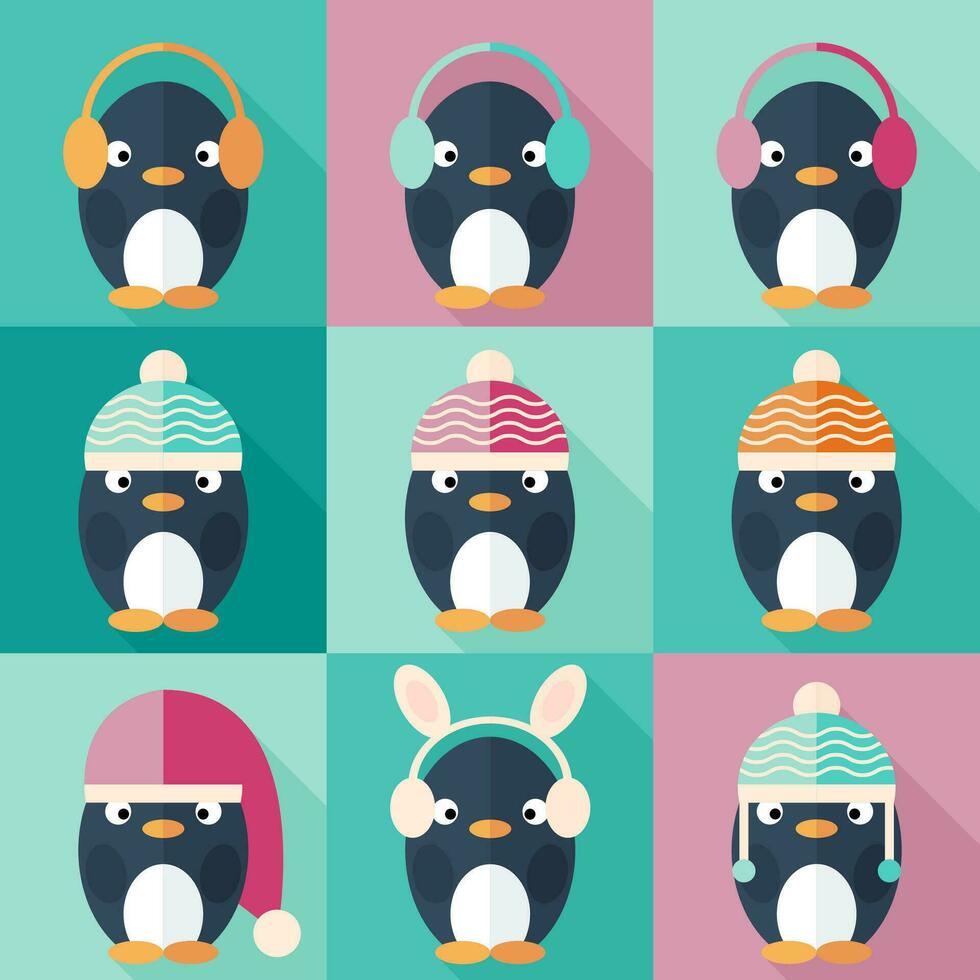 pingüinos íconos conjunto en plano diseño vector