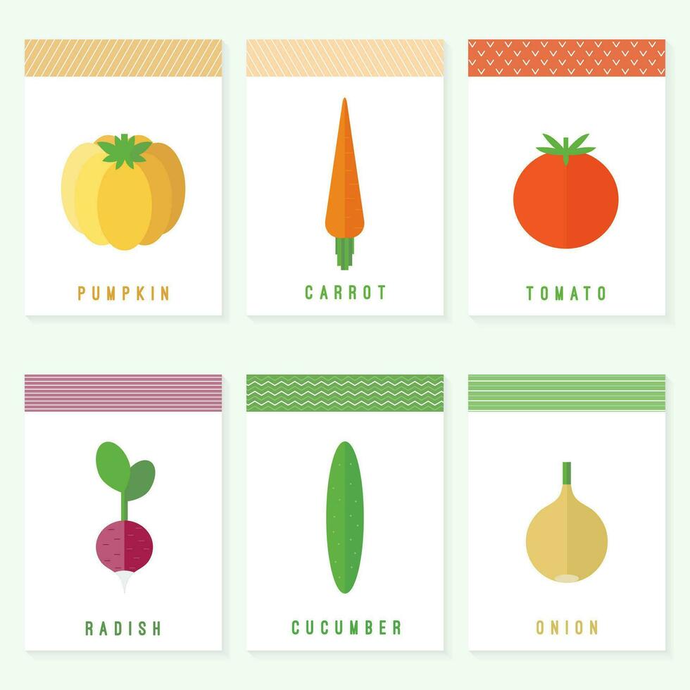 Set of cards, tags or stickers with vegetables in flat vector