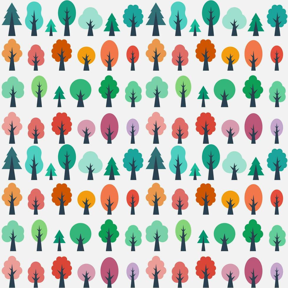 Seamless pattern with green, blue, red and pink trees vector