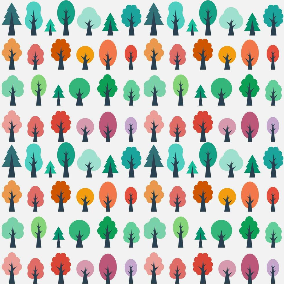 Seamless pattern with green, blue, red and pink trees vector
