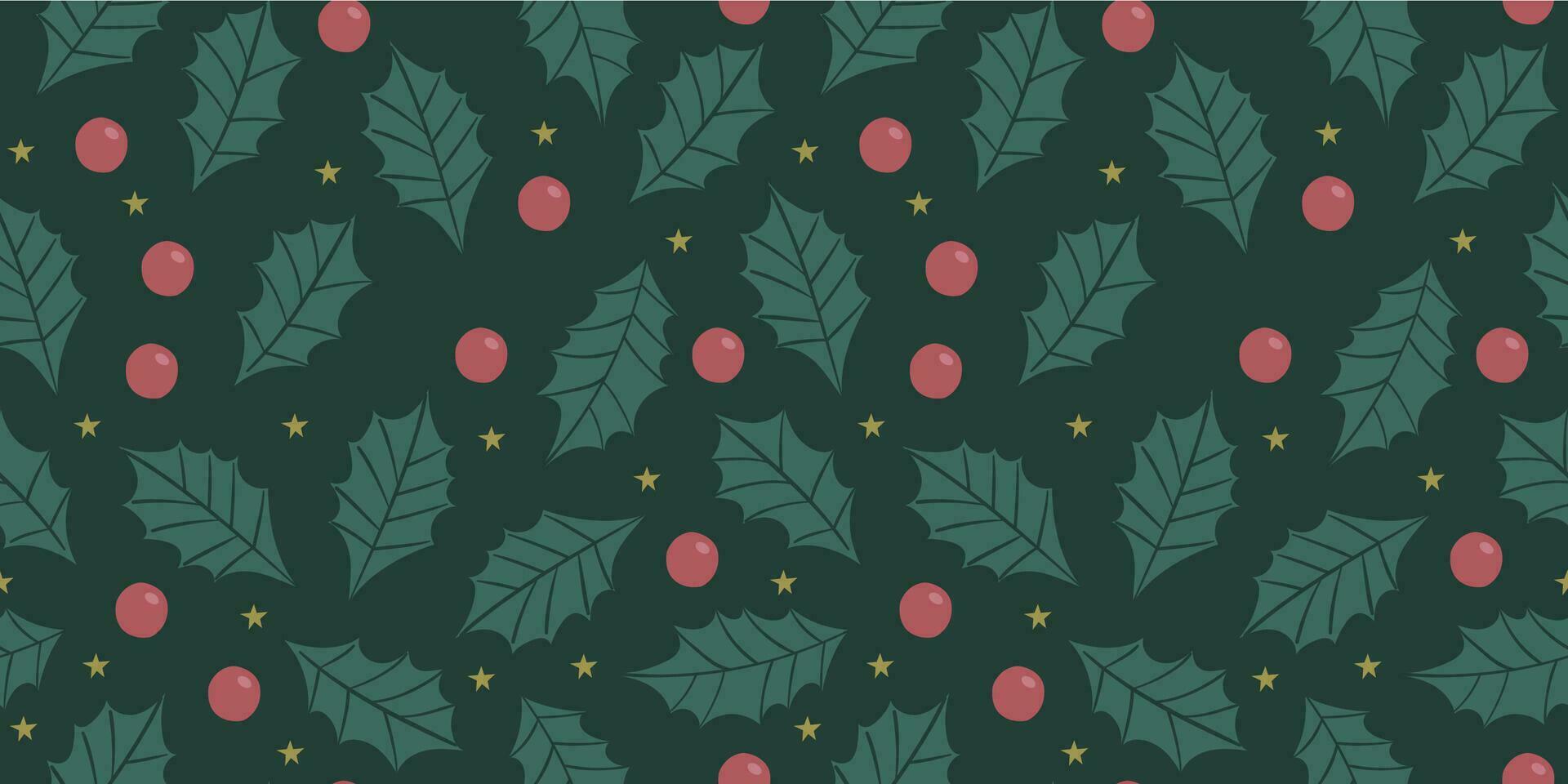 Christmas seamless pattern with holly berries, stars and leaves. vector