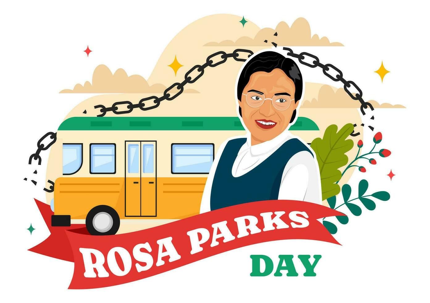 Rosa Parks Day Vector Illustration with the First Lady of Civil Rights, Handcuff and Bus in National Holiday Celebration Flat Cartoon Background