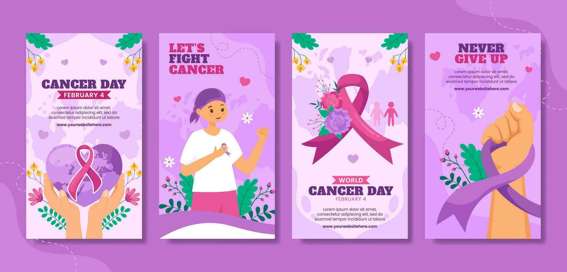 Cancer Day Social Media Stories Flat Cartoon Hand Drawn Templates Background Illustration vector