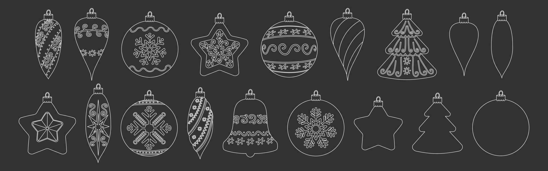 Set of contour icons of Christmas tree ornaments. Black and white symbols of Christmas and New Year. Christmas ball, star, bell, spruce, icicle. Vector illustration.
