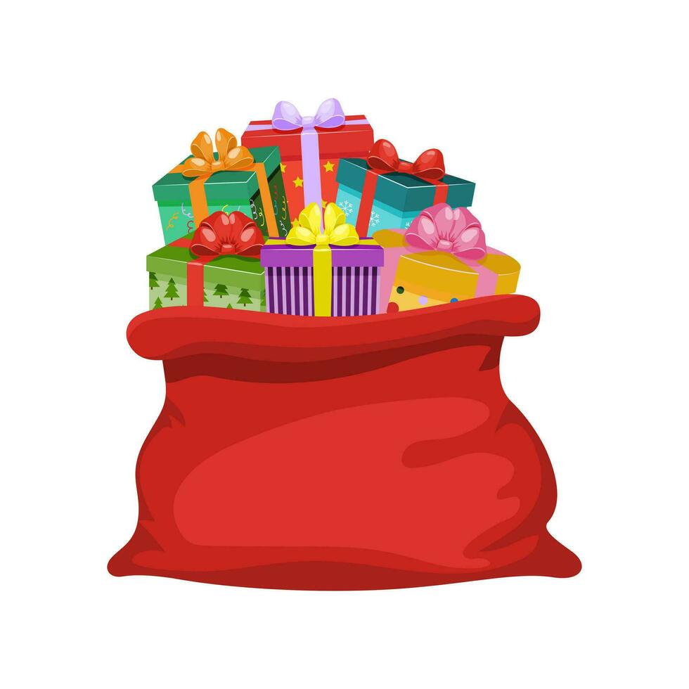 Red sack of Santa Claus full of gifts. Large open bag with gift boxes. Traditional Christmas and New Year symbol, attribute of Santa Claus. Vector illustration.