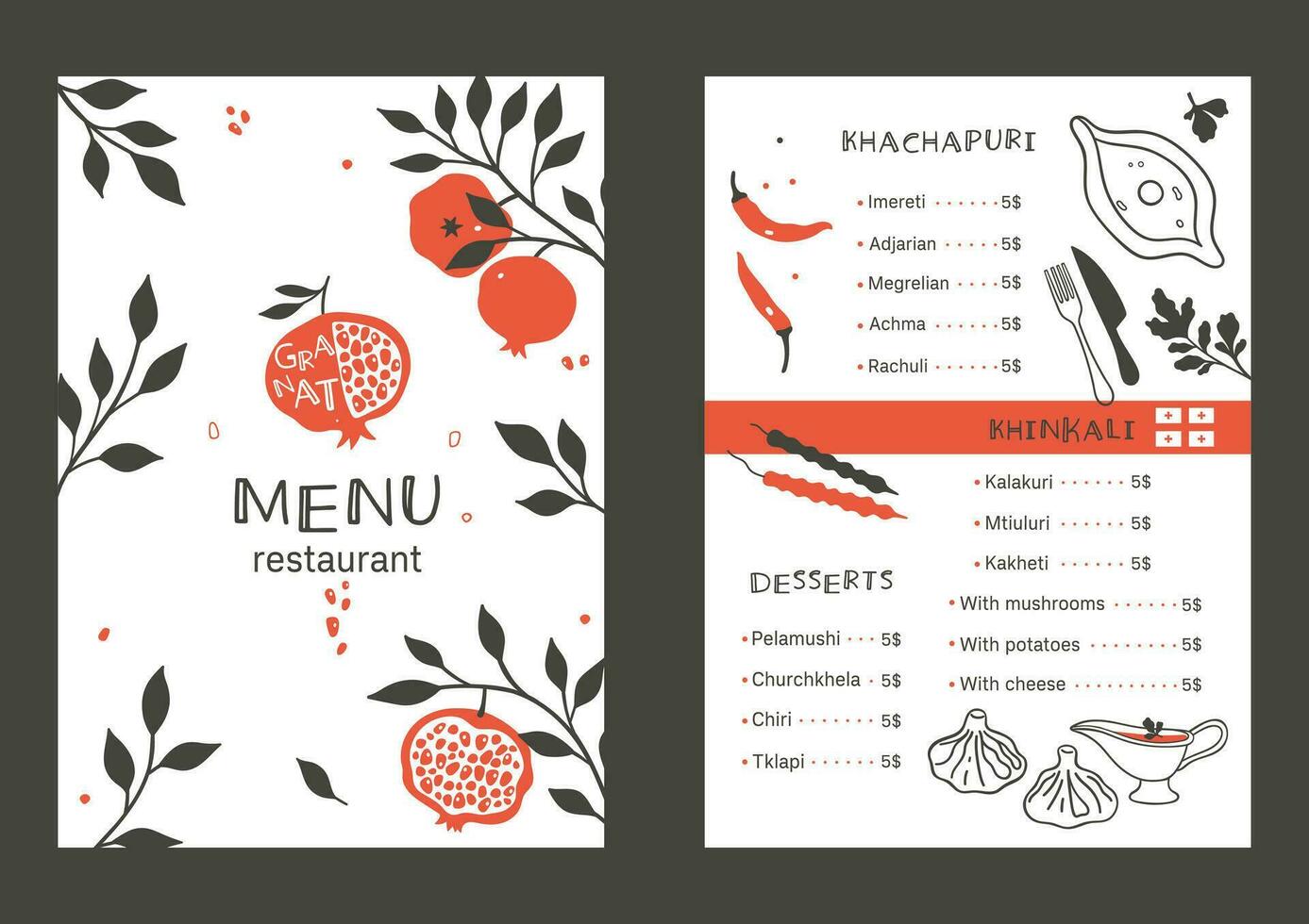 georgiano restaurante menú modelo. sencillo ilustraciones de nacional alimento. vector gráficos.