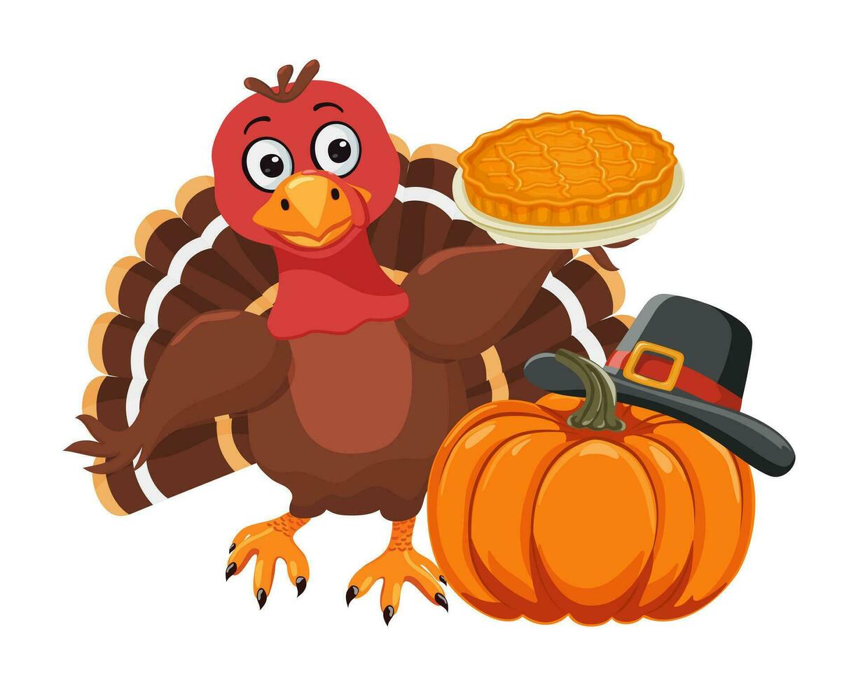 A turkey bird stands next to a pumpkin wearing a pilgrims hat and holding a pumpkin pie. Traditional american, canadian symbol of Happy Thanksgiving Day. Cute character. Vector clipart.