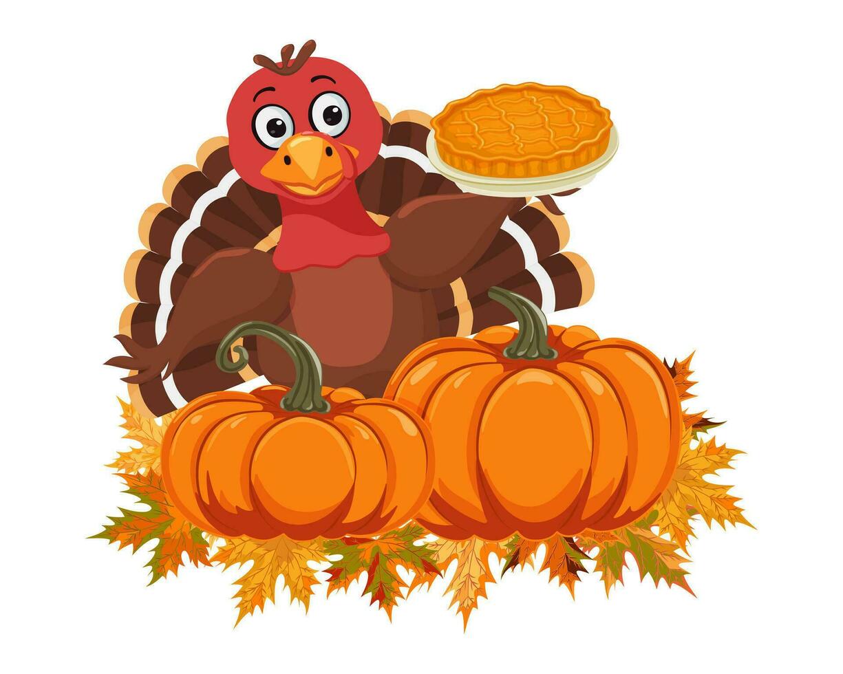 A funny turkey bird with a pie in its wings stands near a pumpkin on the autumn leaves. Traditional american, canadian symbol of Happy Thanksgiving Day. Cute character. Vector clipart, illustration.