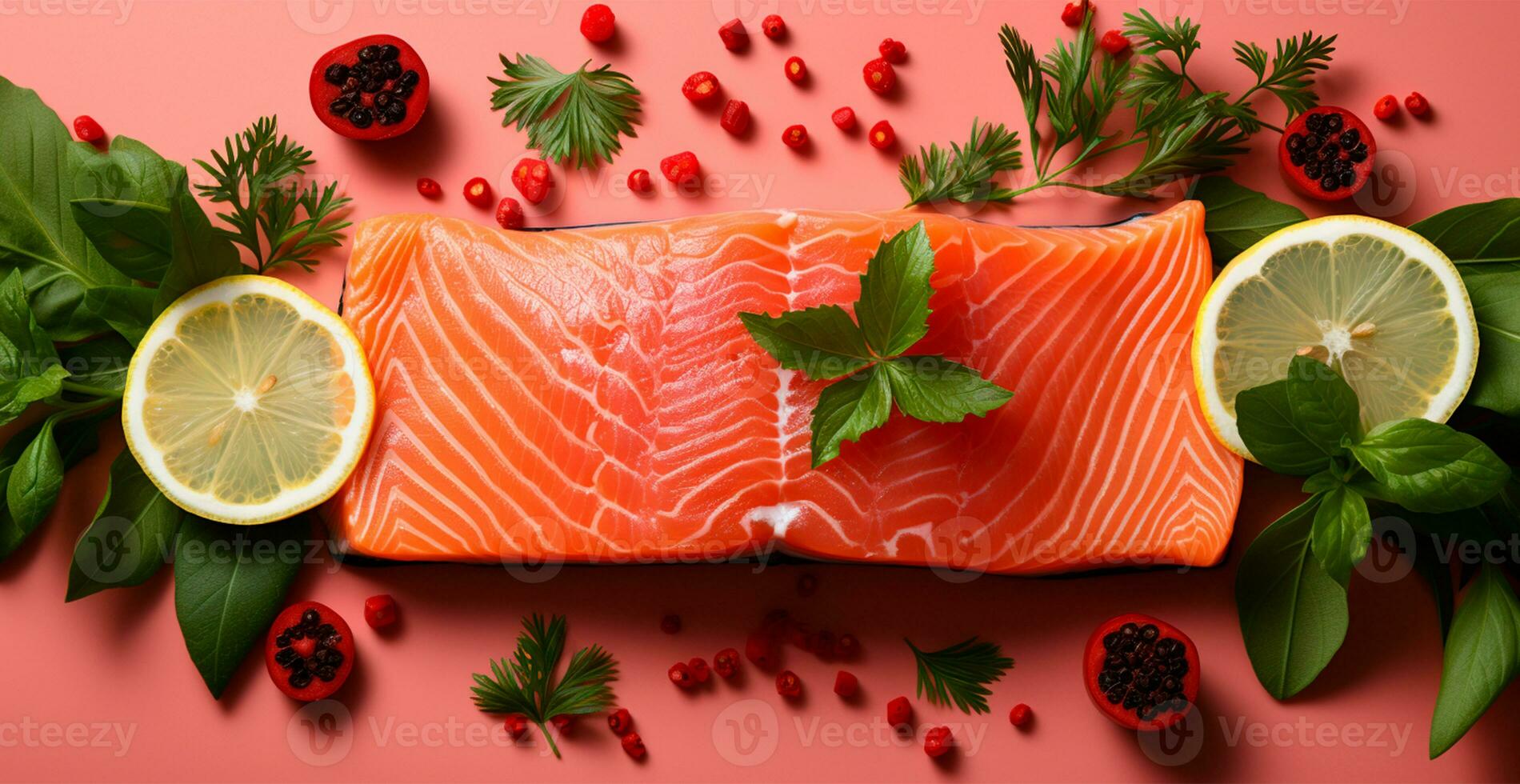 AI generated Lightly salted salmon or trout on a wooden tabletop - AI generated image photo