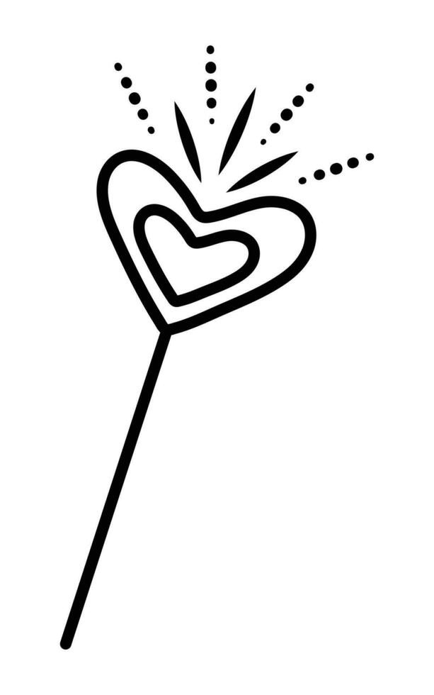 Black line fairy magic wand, vector monochrome doodle of wizard magical stick
