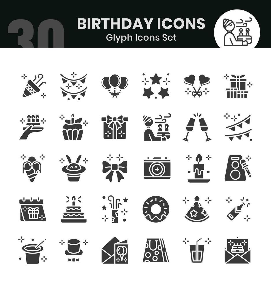 Birthday Icons Bundle. Glyph icon style. Vector illustrations
