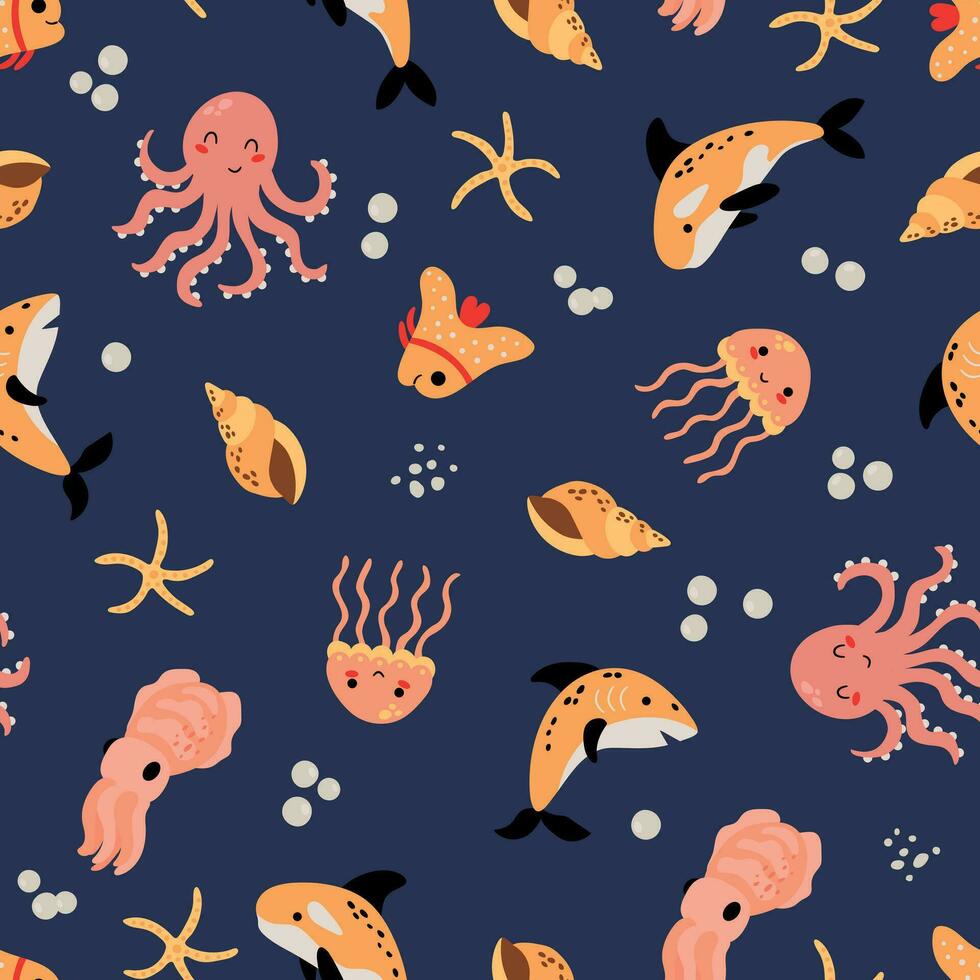 Seamless pattern with sea animals.  Octopus, shark, cuttlefish, fish, jellyfish, snacks, starfish vector