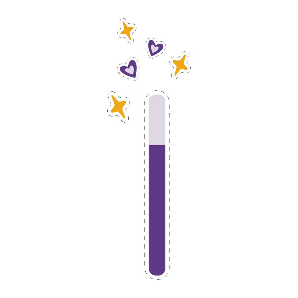 Cute magic wand with decorative elements of stars and hearts. Pointer Sticker with dotted line vector