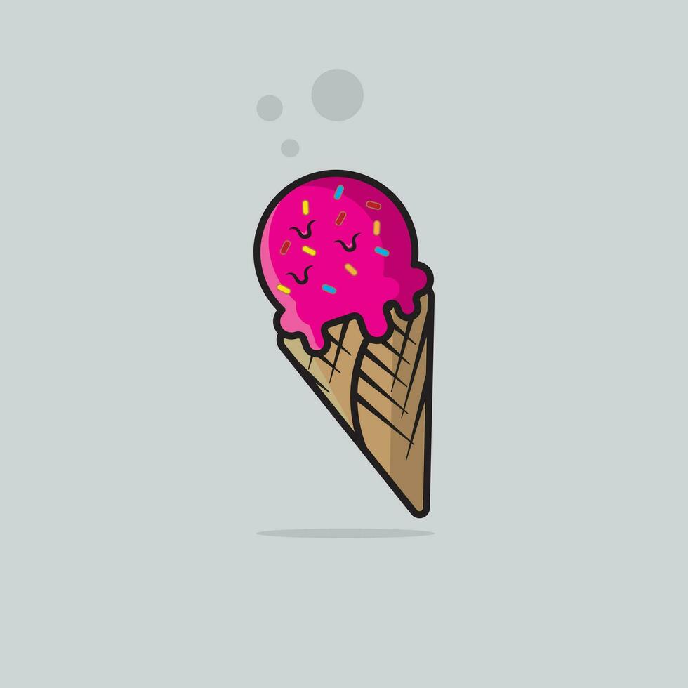 Melting ice cream balls in the waffle cone isolated on white background. Vector flat outline icon