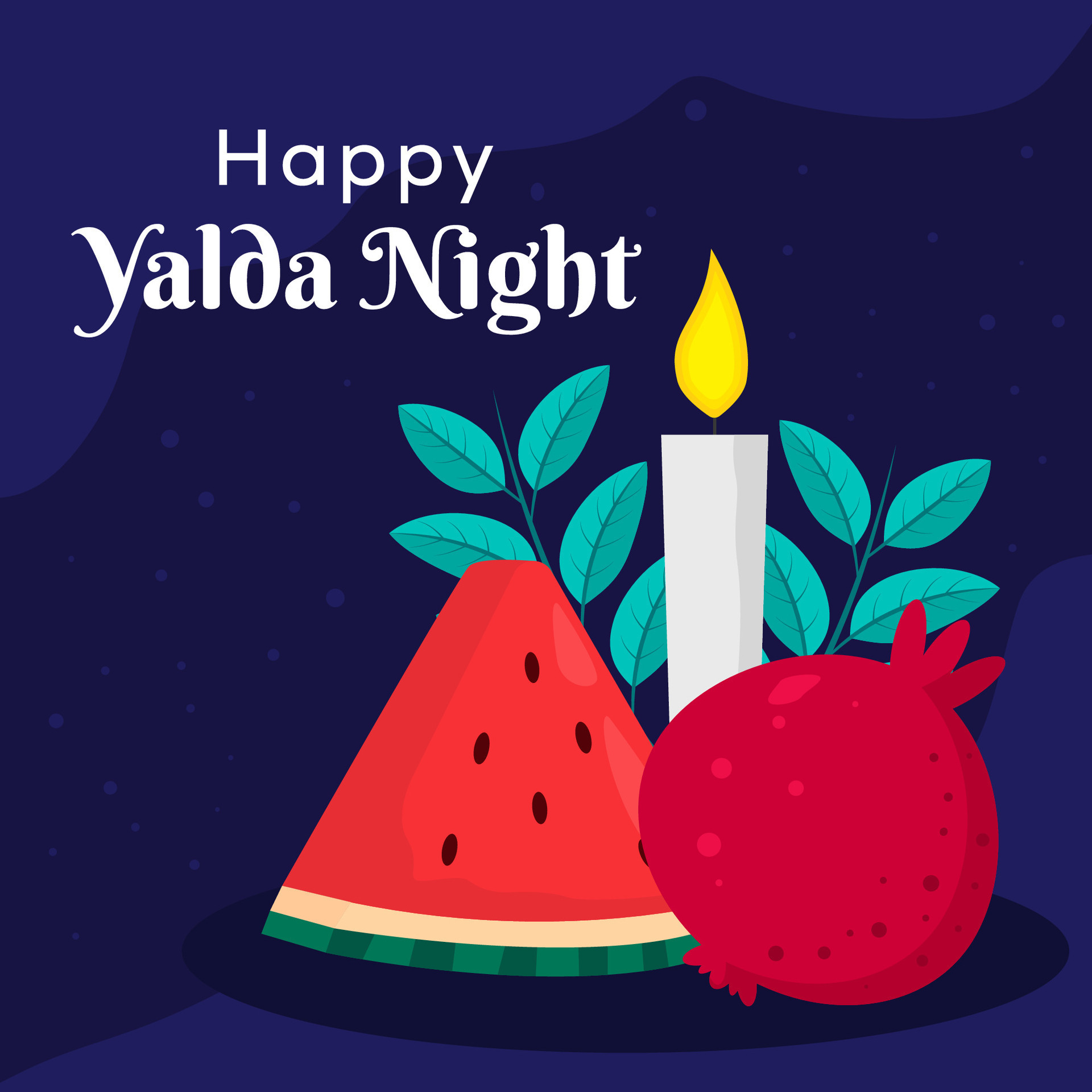 Happy Yalda Night illustration with leaves, pomegranate, watermelon