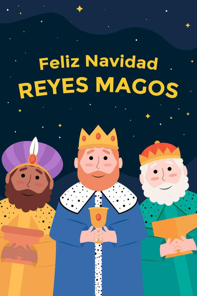 feliz navidad reyes magos vertical bandera ilustración en plano estilo vector