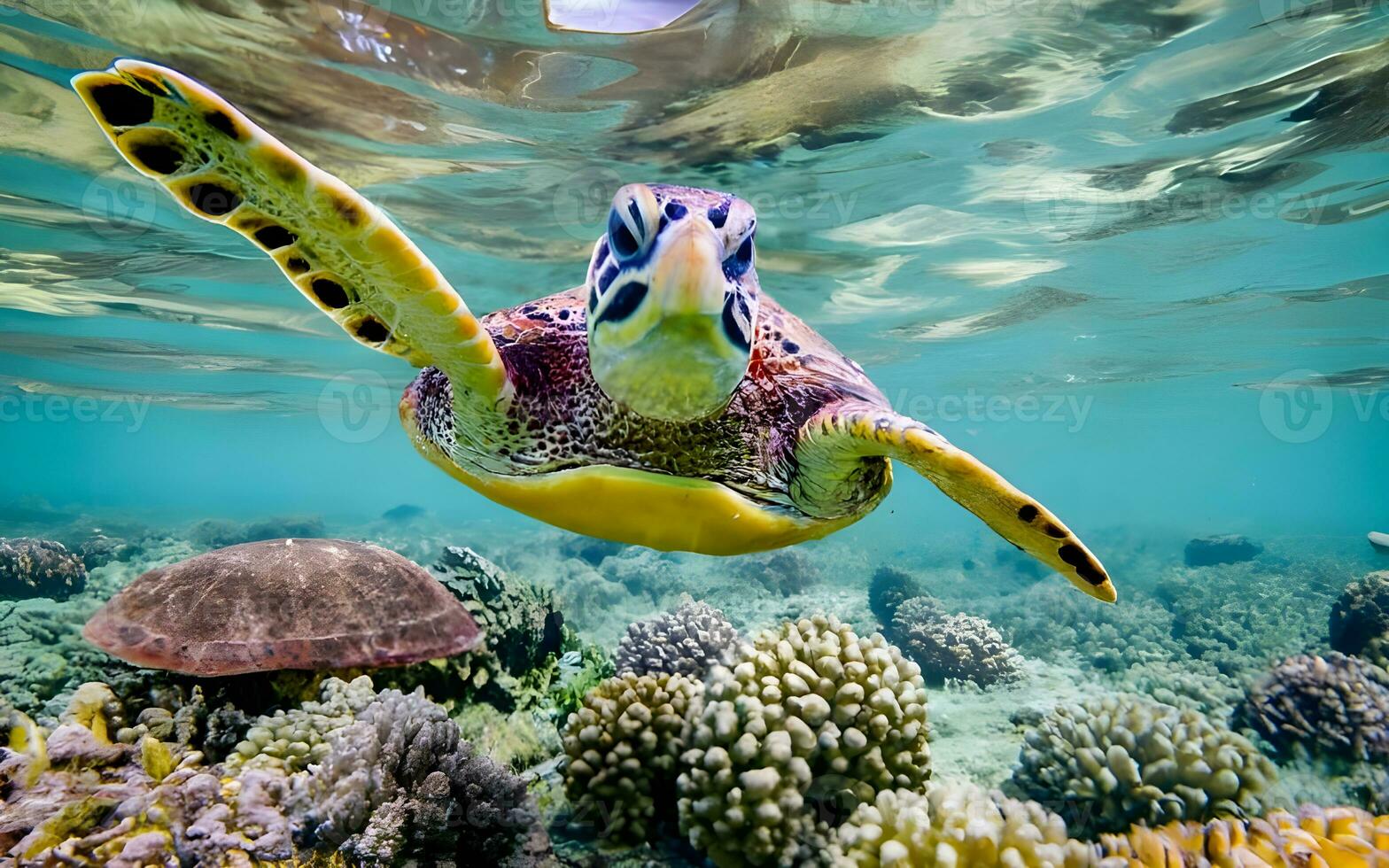 AI generated Enchanting Encounter, A Curious Sea Turtle Glides Through Crystal Clear Waters photo