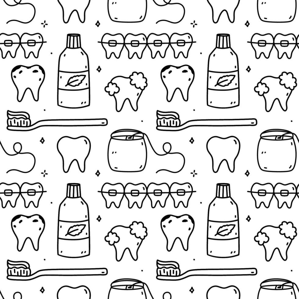 Seamless pattern with dental care items - mouthwash, dental floss, teeth, braces and toothbrush. Oral hygiene. Vector hand-drawn doodle illustration. Perfect for print, wallpaper, decorations.