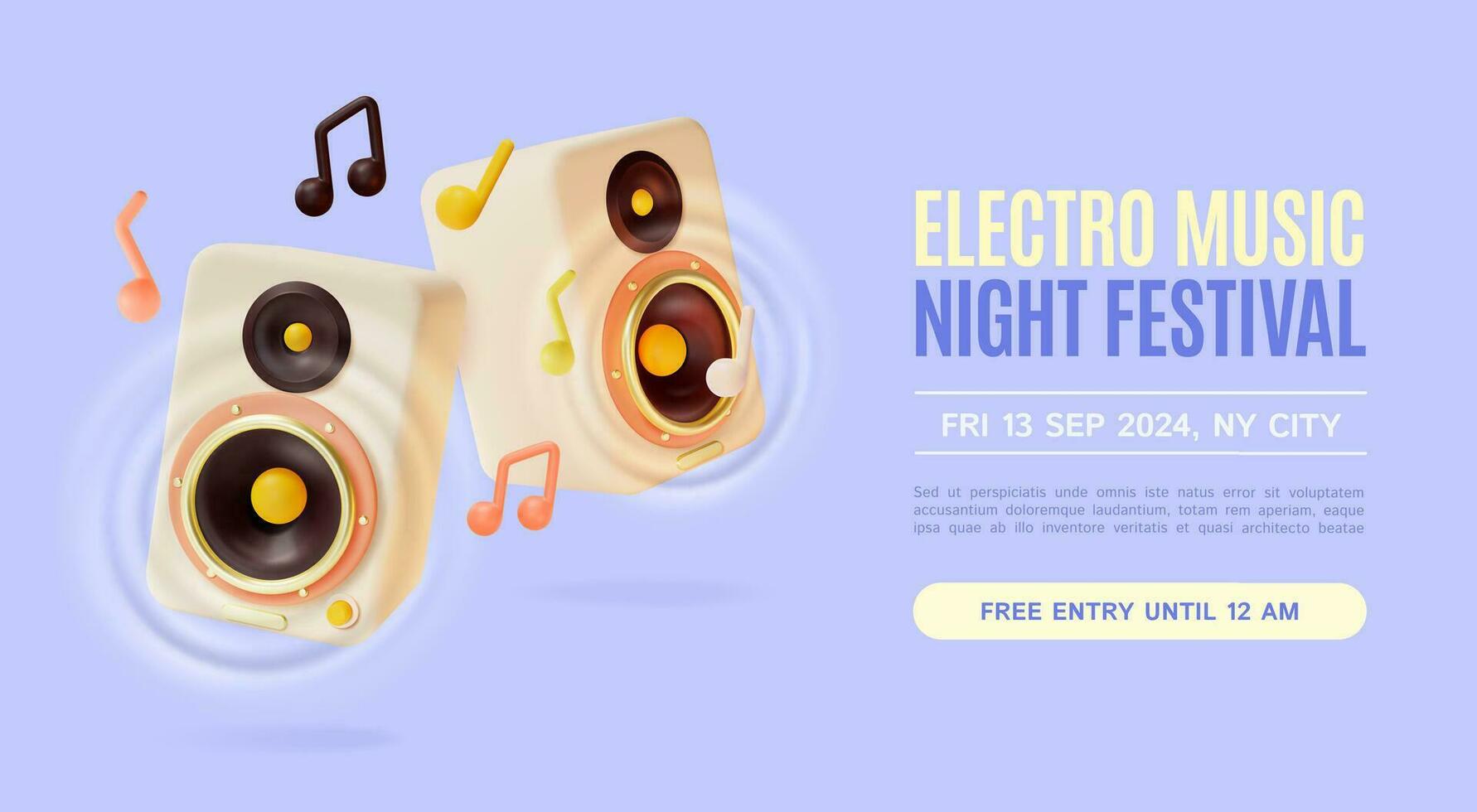 3d Electro Music Night Festival Placard Poster Banner Card Template Cartoon Style. Vector