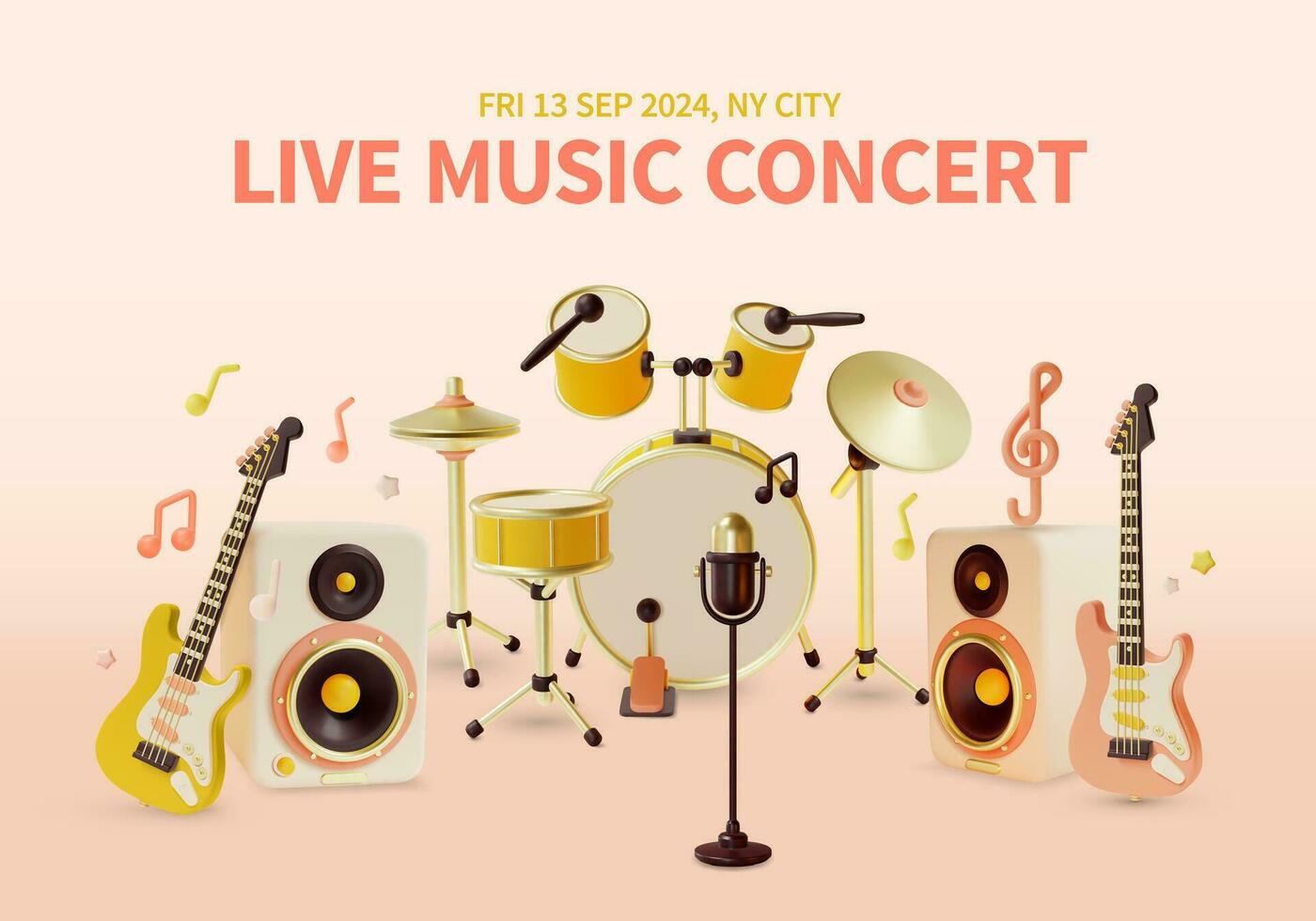 3d Live Music Concert Placard Poster Banner Card Template Cartoon Style. Vector