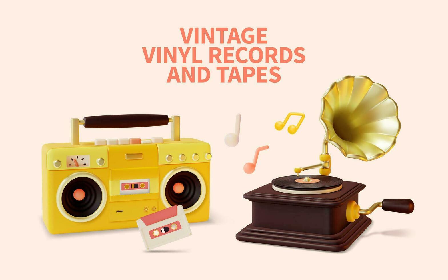 3d Vintage Vinyl Records and Tapes Concept Cartoon Style. Vector