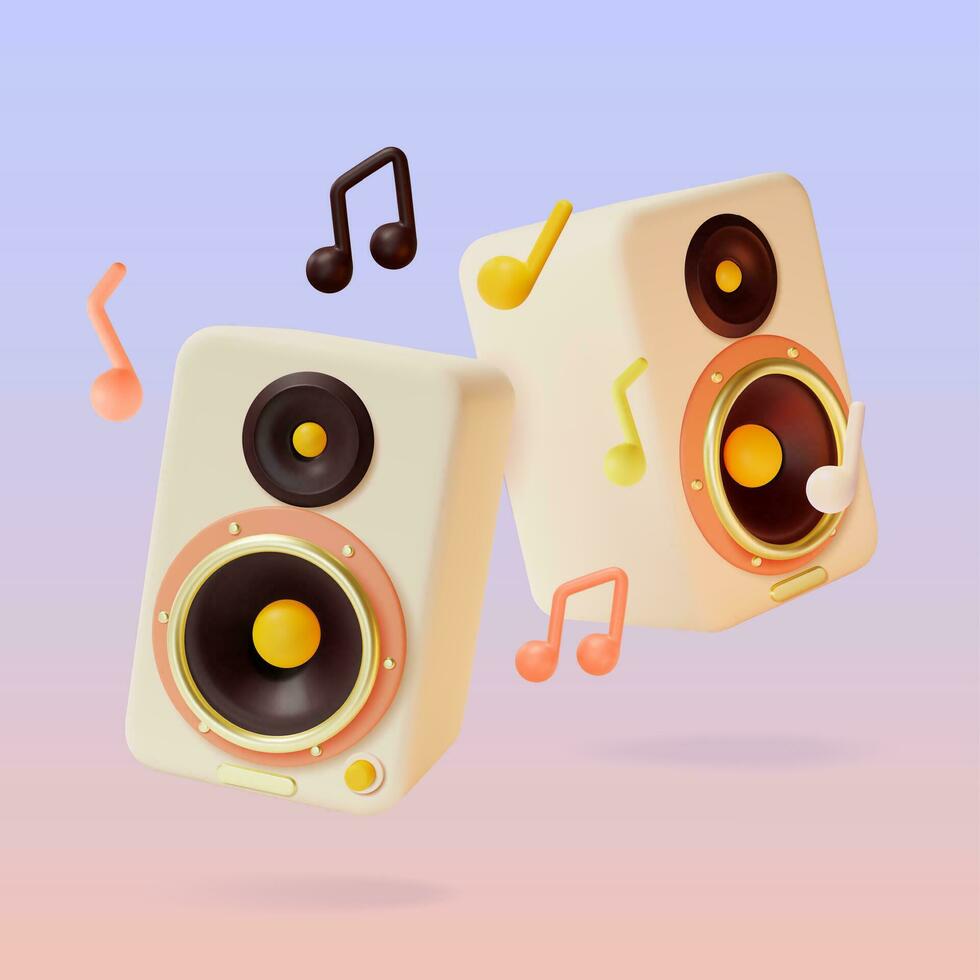 3d Sound Speakers and Music Notes Symbols Floating Objects Cartoon Style. Vector
