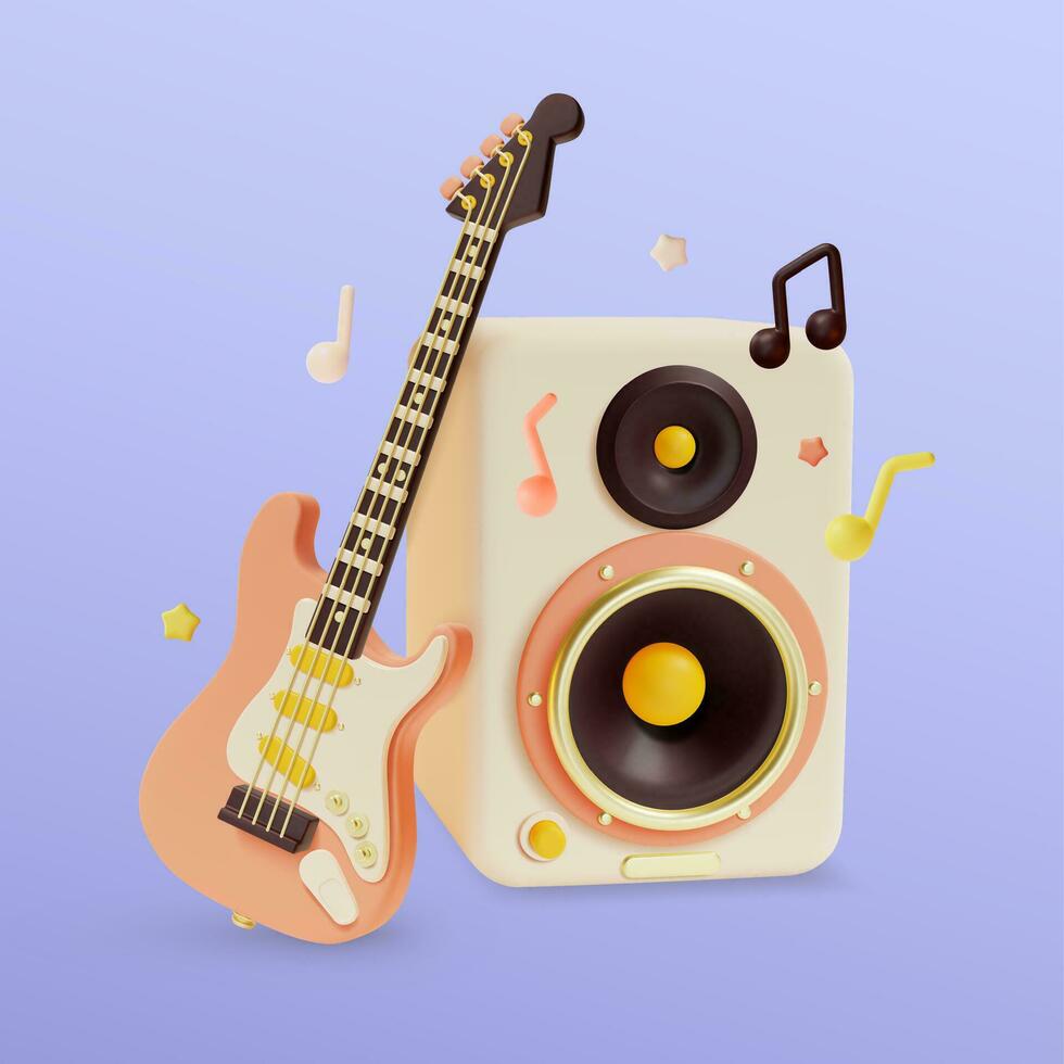 3d eléctrico guitarra, sonido altavoz y música notas símbolos flotante objetos dibujos animados estilo. vector