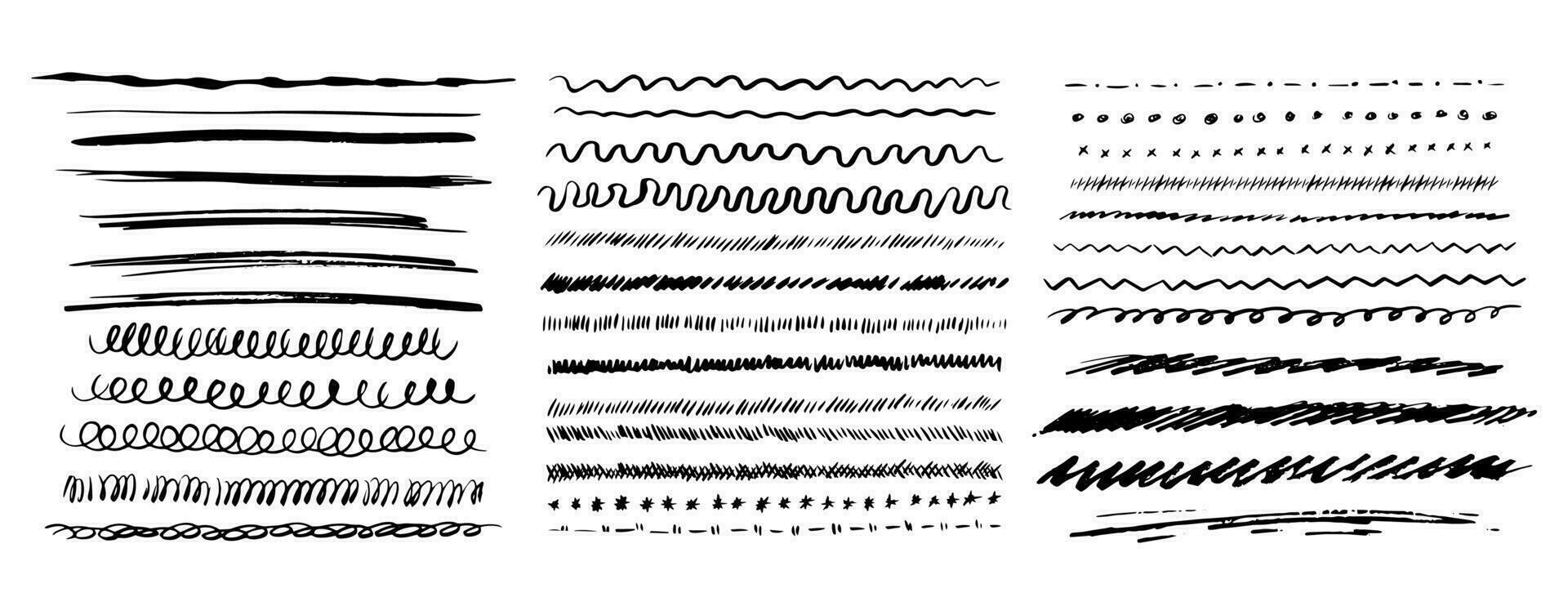 divisor, subrayar, Rizado silbidos, arremete, remolino y firma conjunto firmar mano dibujado negro línea. vector