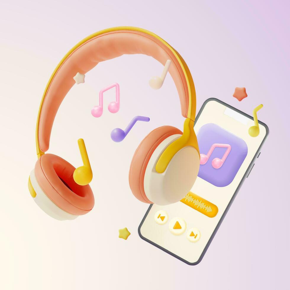 3d Headphones, Smartphone and Music Notes Symbols Floating Objects Cartoon Style. Vector