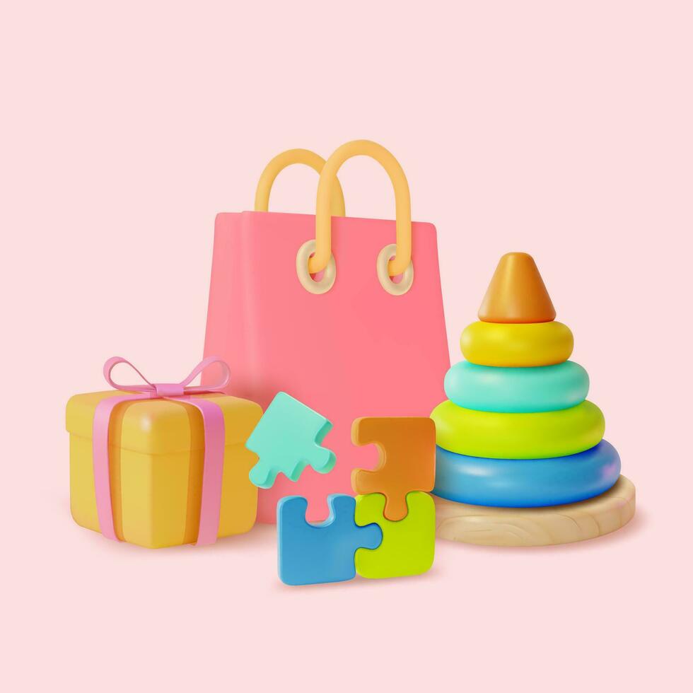 3d Kid Toy Concept Cartoon Style Jigsaw Puzzle and Pyramid. Vector
