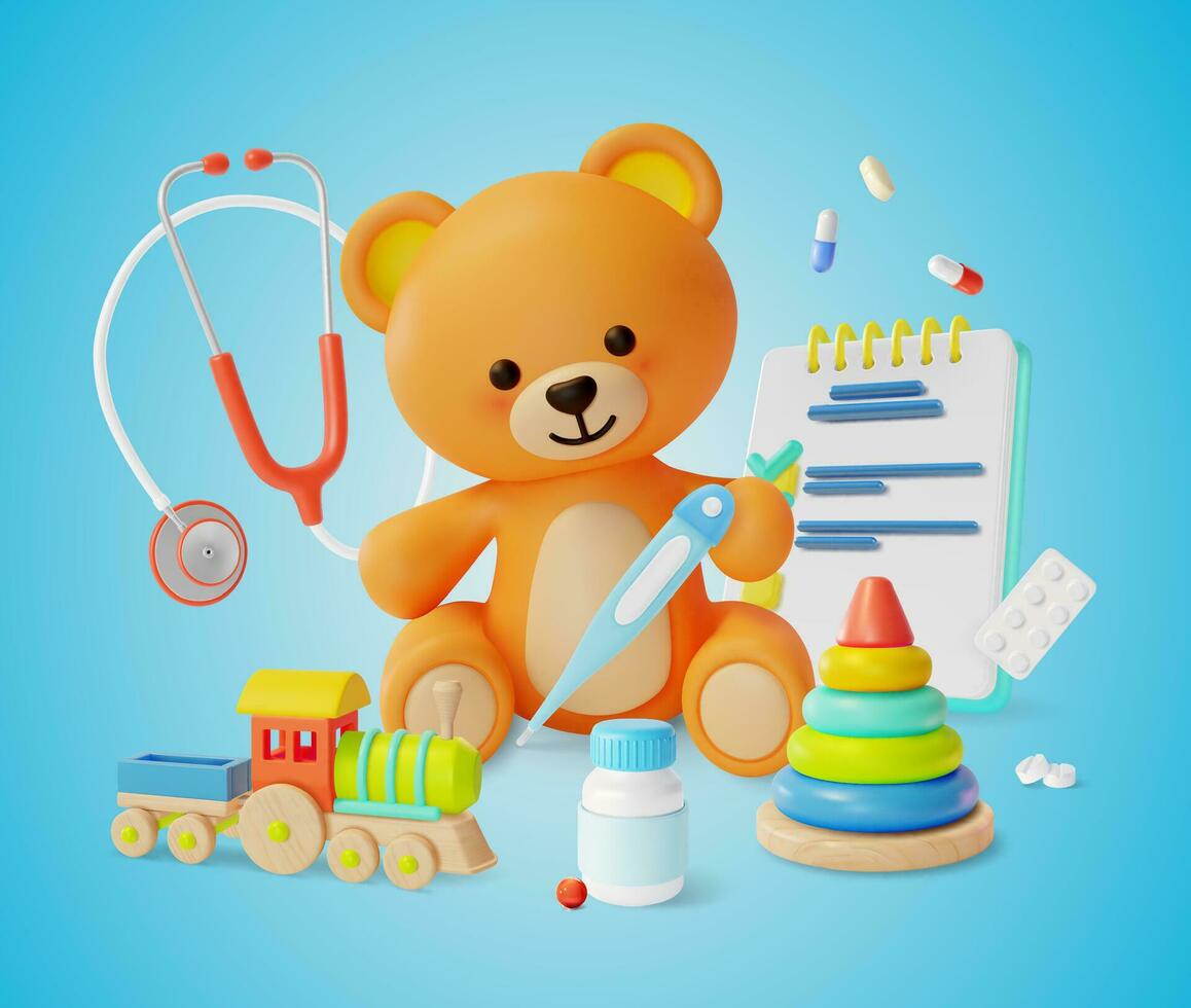 3d Pediatrician Child Health Consulting Concept Cartoon Style. Vector