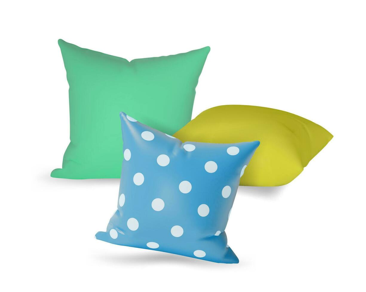 3d Different Types Pillows Set Cartoon Style. Vector