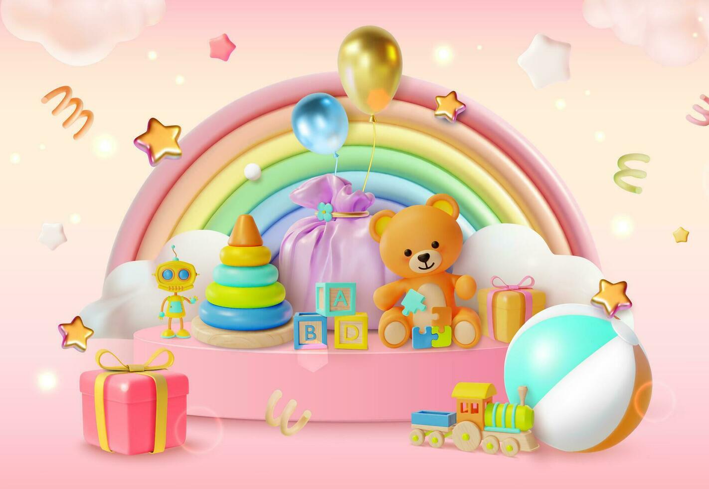 3d Kid Toy Store Big Sale Special Offer Half Price Concept Cartoon Style. Vector