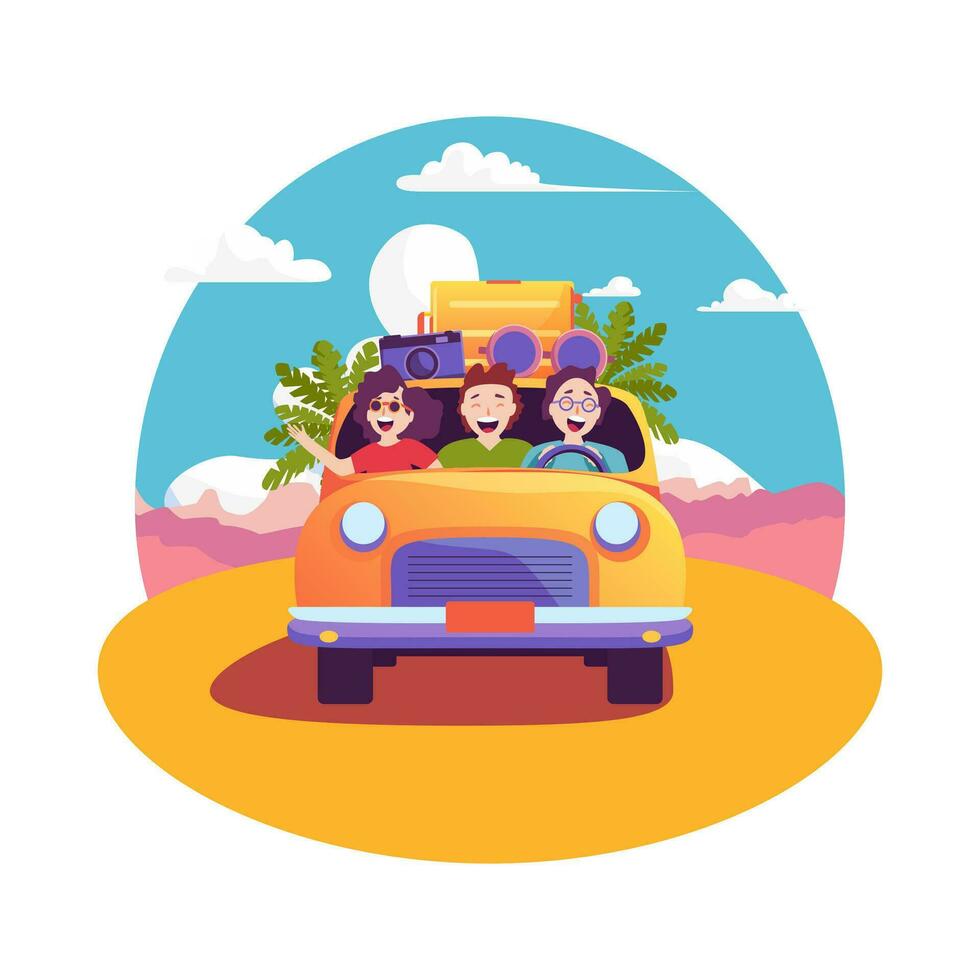 Cartoon Color Characters Friends Car Trip Concept. Vector