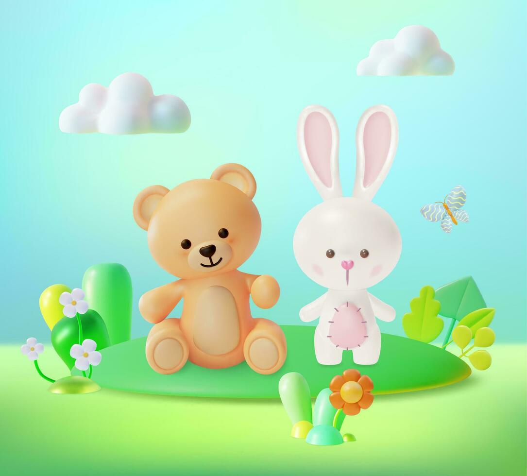 3d Characters Cute Teddy Bear and Funny Bunny Toys Concept Cartoon Style. Vector