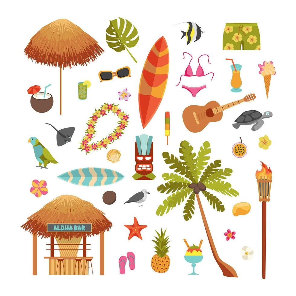 Cartoon Color Hawaiian Beach Party Icons Set. Vector
