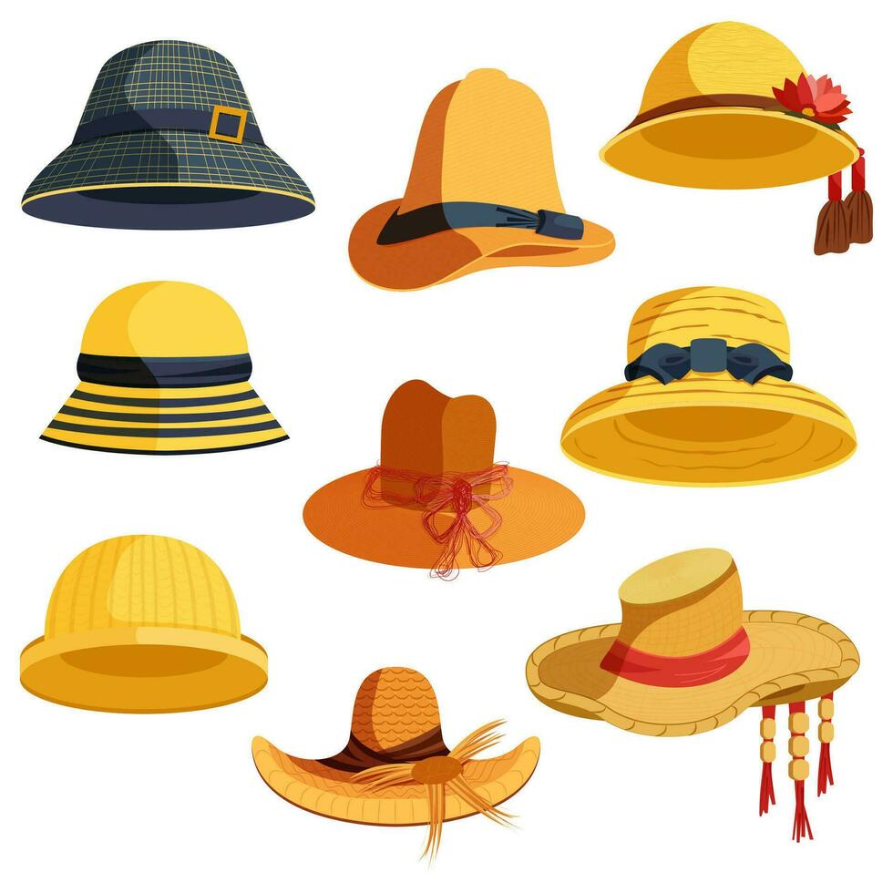 Cartoon Color Different Straw Hats Icons Set. Vector