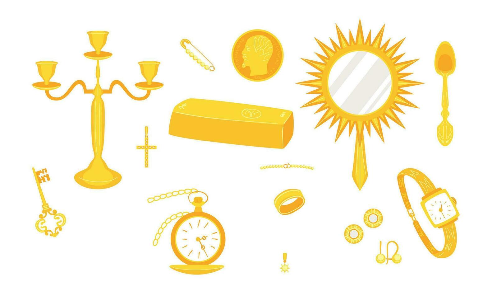 Cartoon Color Gold Accessories and Jewelry Icons Set. Vector