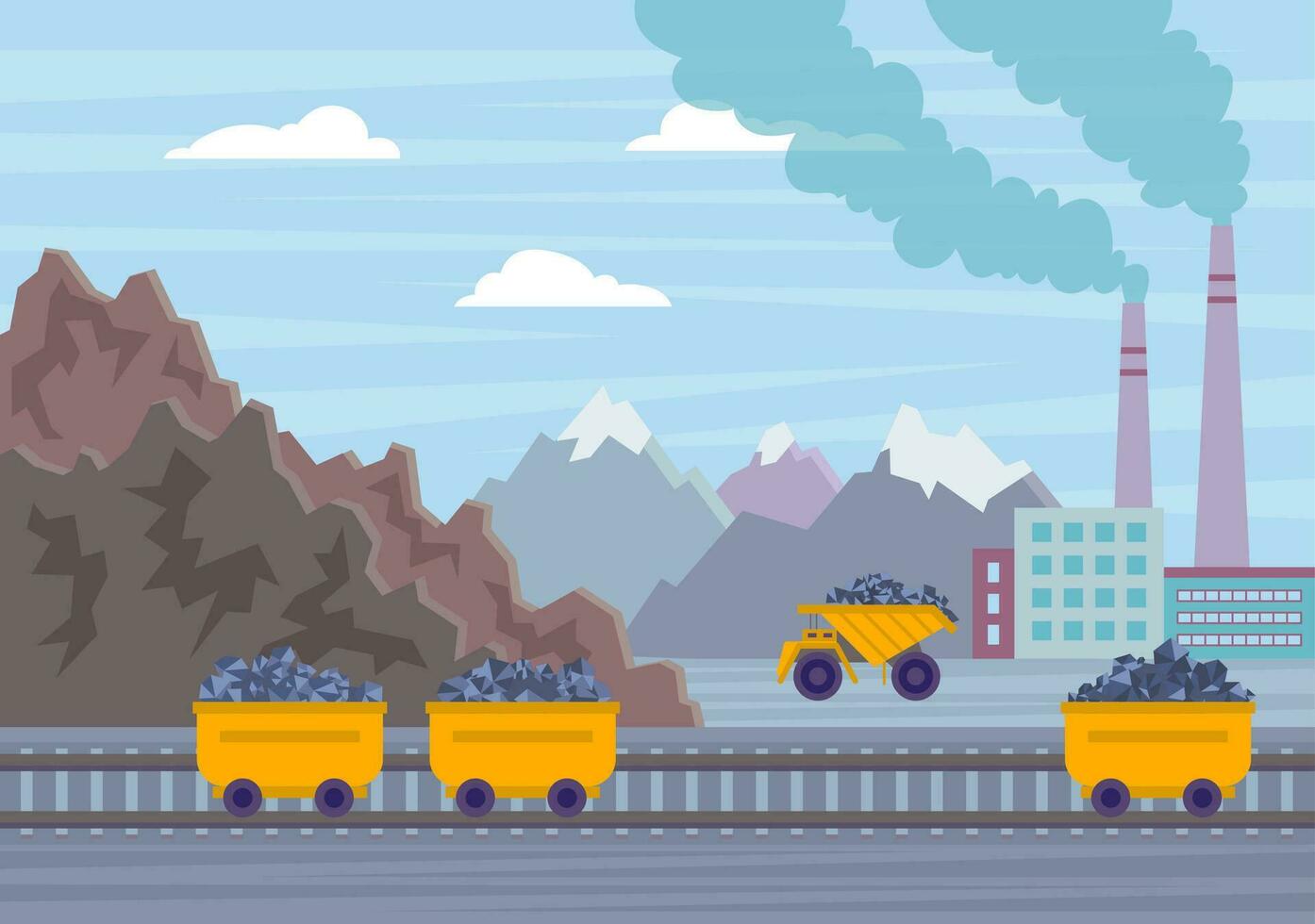 Cartoon Color Coal Mine Industry and Transportation Landscape Scene Concept. Vector