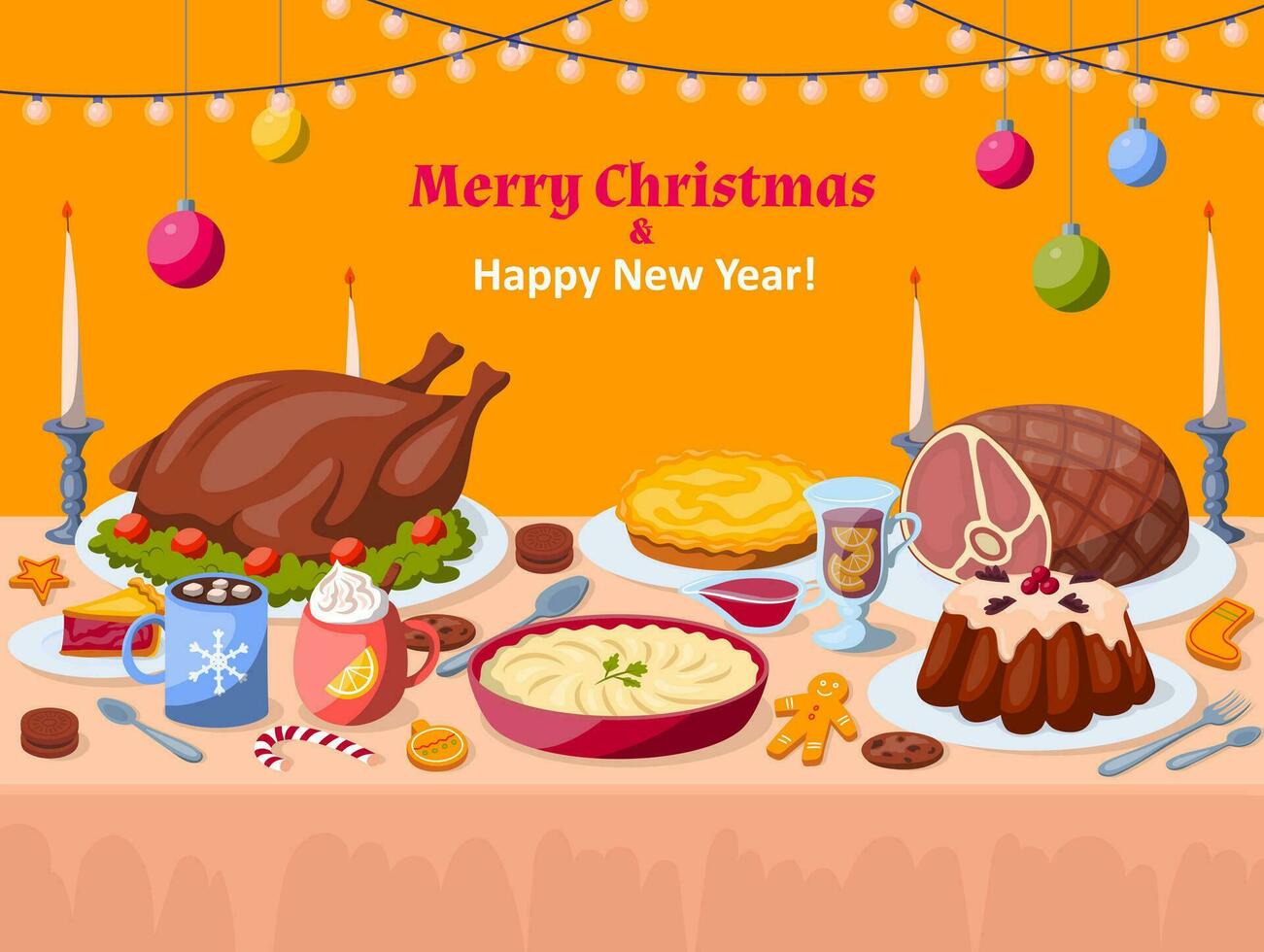 Cartoon Color Christmas Dishes on Table Concept Poster Card Invitation. Vector