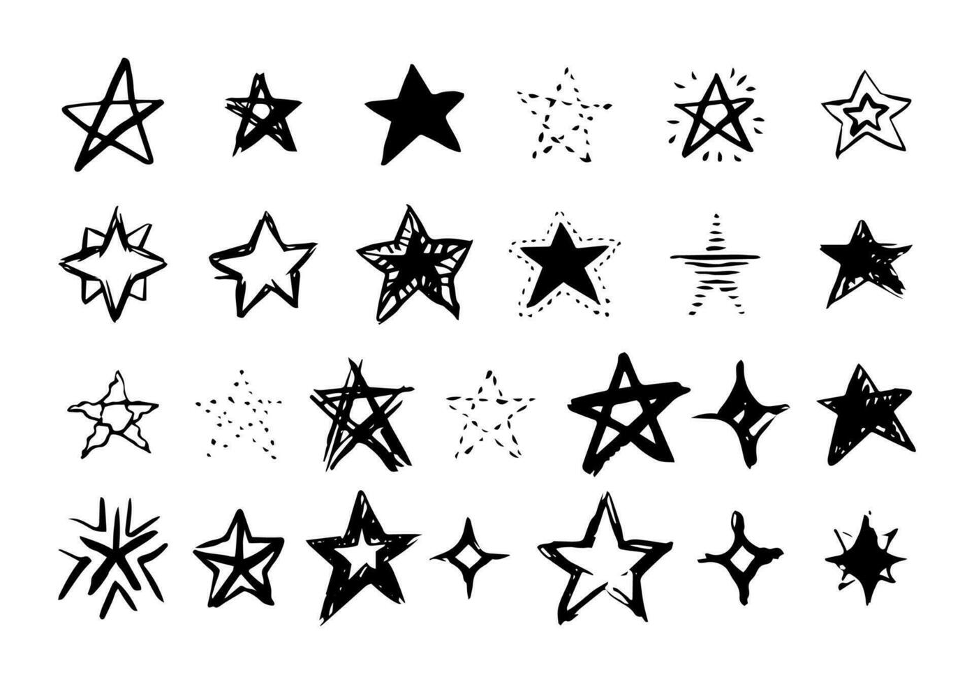 Stars Signs Icons Set Hand Drawn Black Line. Vector