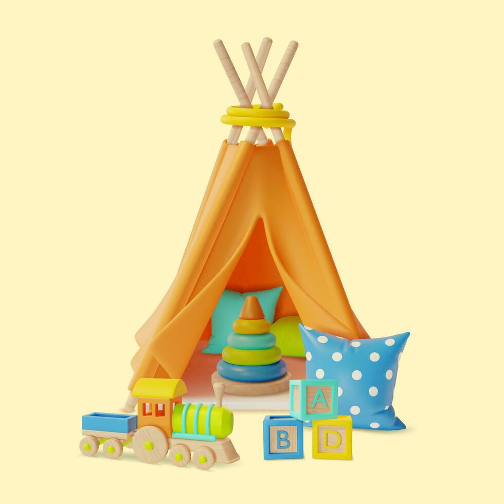 3d Kid Toy Concept Cartoon Style ABC Block and Wigwam. Vector