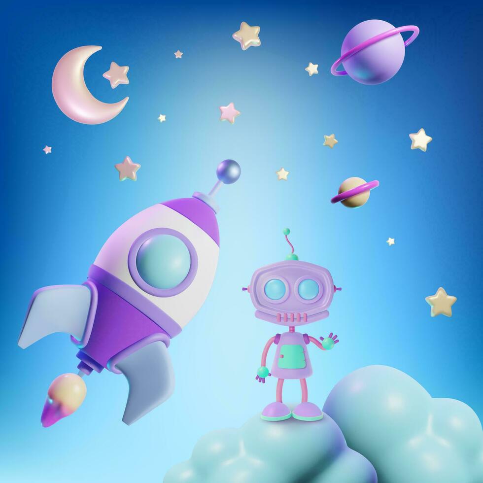 3d Kid Toy Concept Cartoon Style Flight Spaceship and Robot. Vector