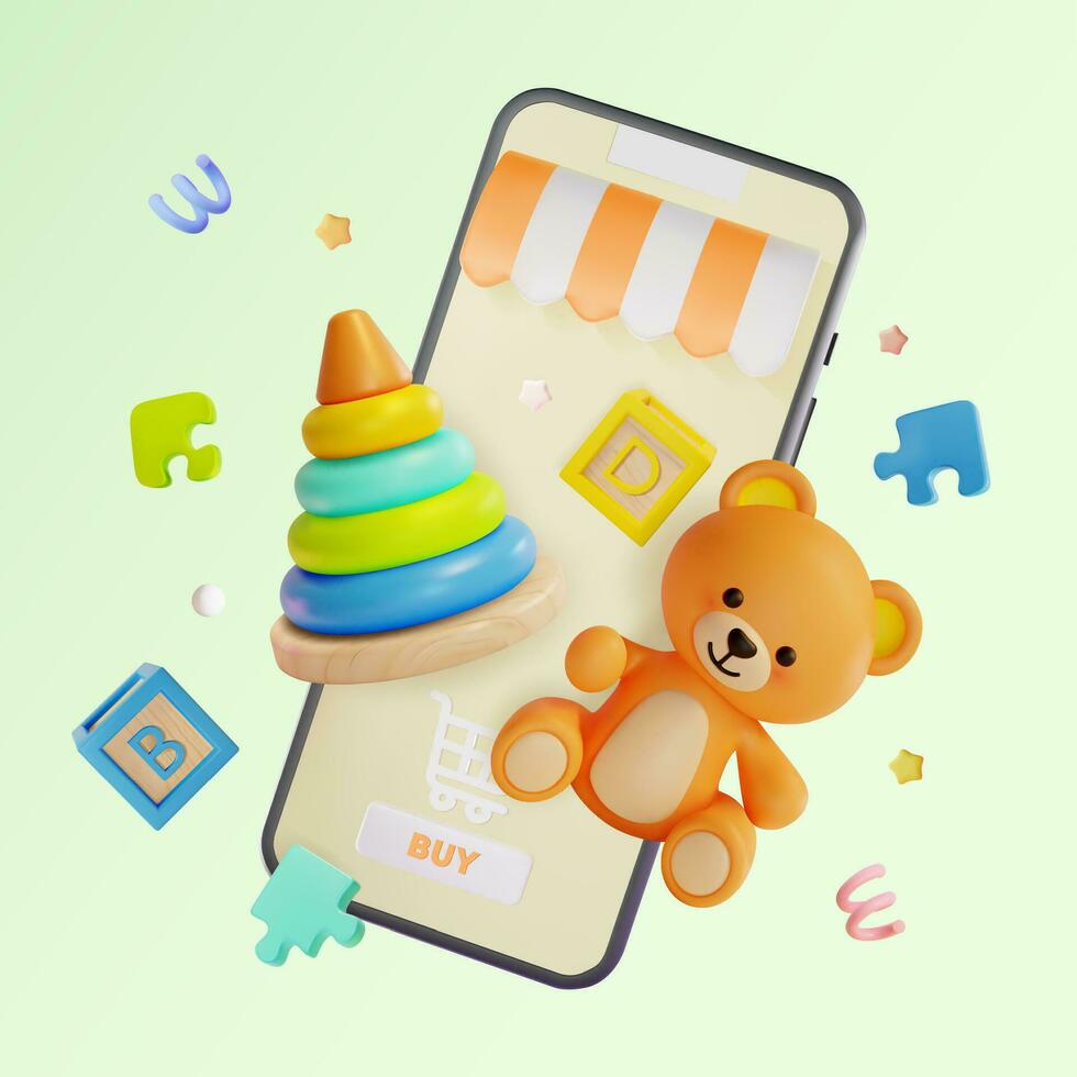 3d Online Kid Toy Store Mobile Service Application Concept Cartoon Style. Vector