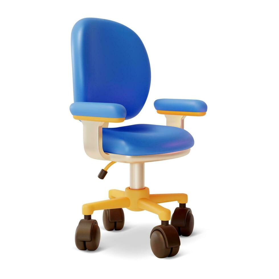3d Blue Office Chair on Wheels Cartoon Style. Vector