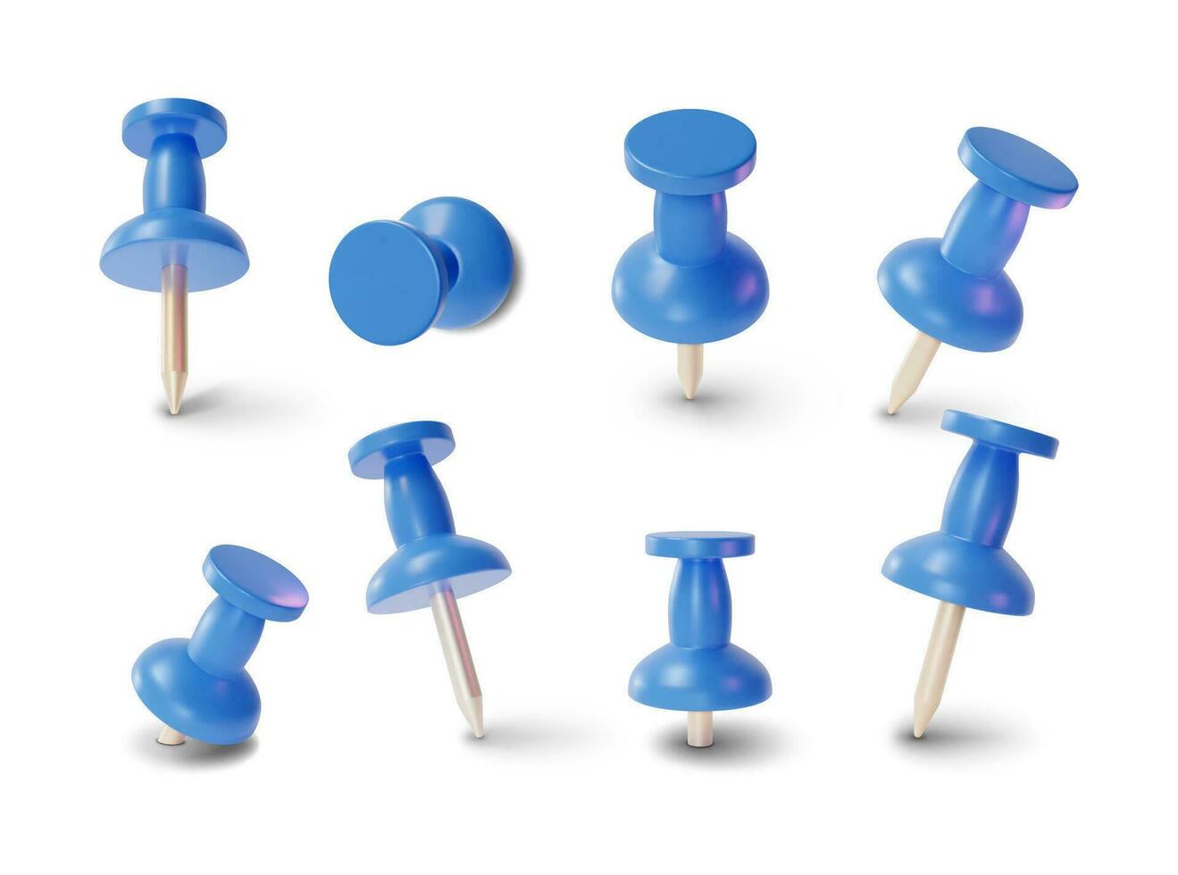 3d Blue Push Pins Set Different Angles Cartoon Style. Vector