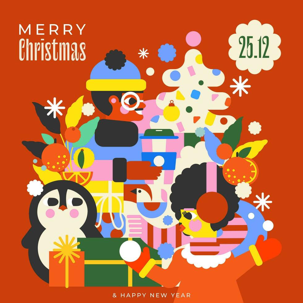 Christmas illustration with joyful girl and boy, cute penguin, beautifully wrapped presents, tangerines and shiny Christmas tree. Perfect for creating a festive mood. vector