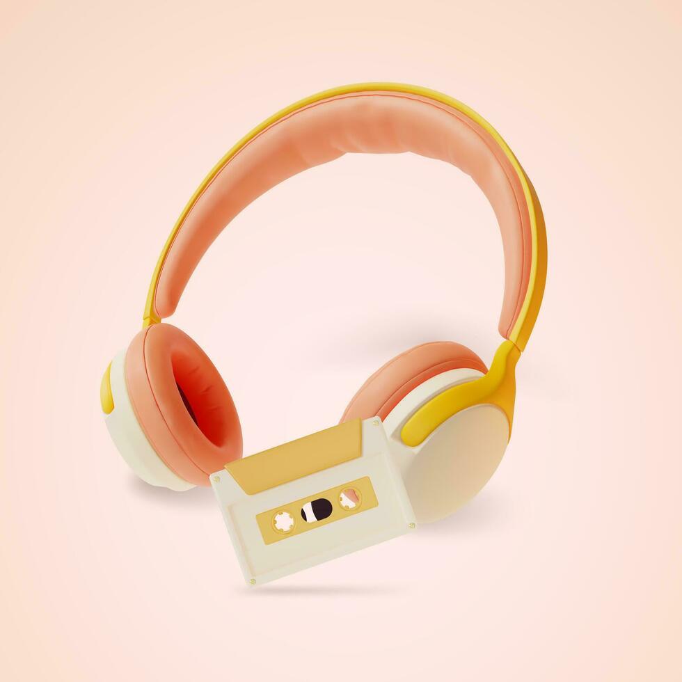 3d Headphones Music Gadget and Audio Cassette Cartoon Style. Vector