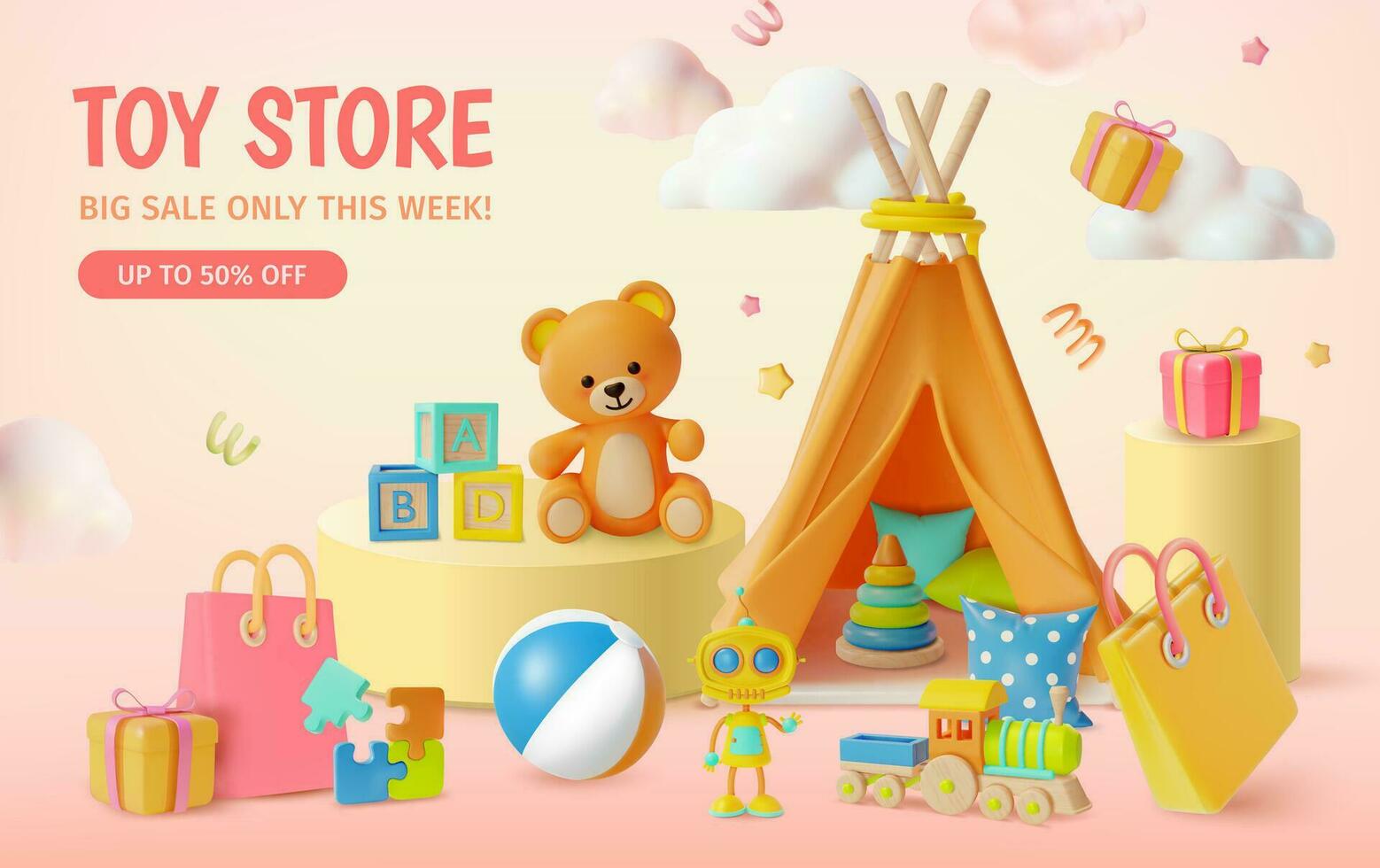 3d Kid Toy Store Big Sale This Week Half Price Concept Placard Poster Banner Card Template Cartoon Style. Vector