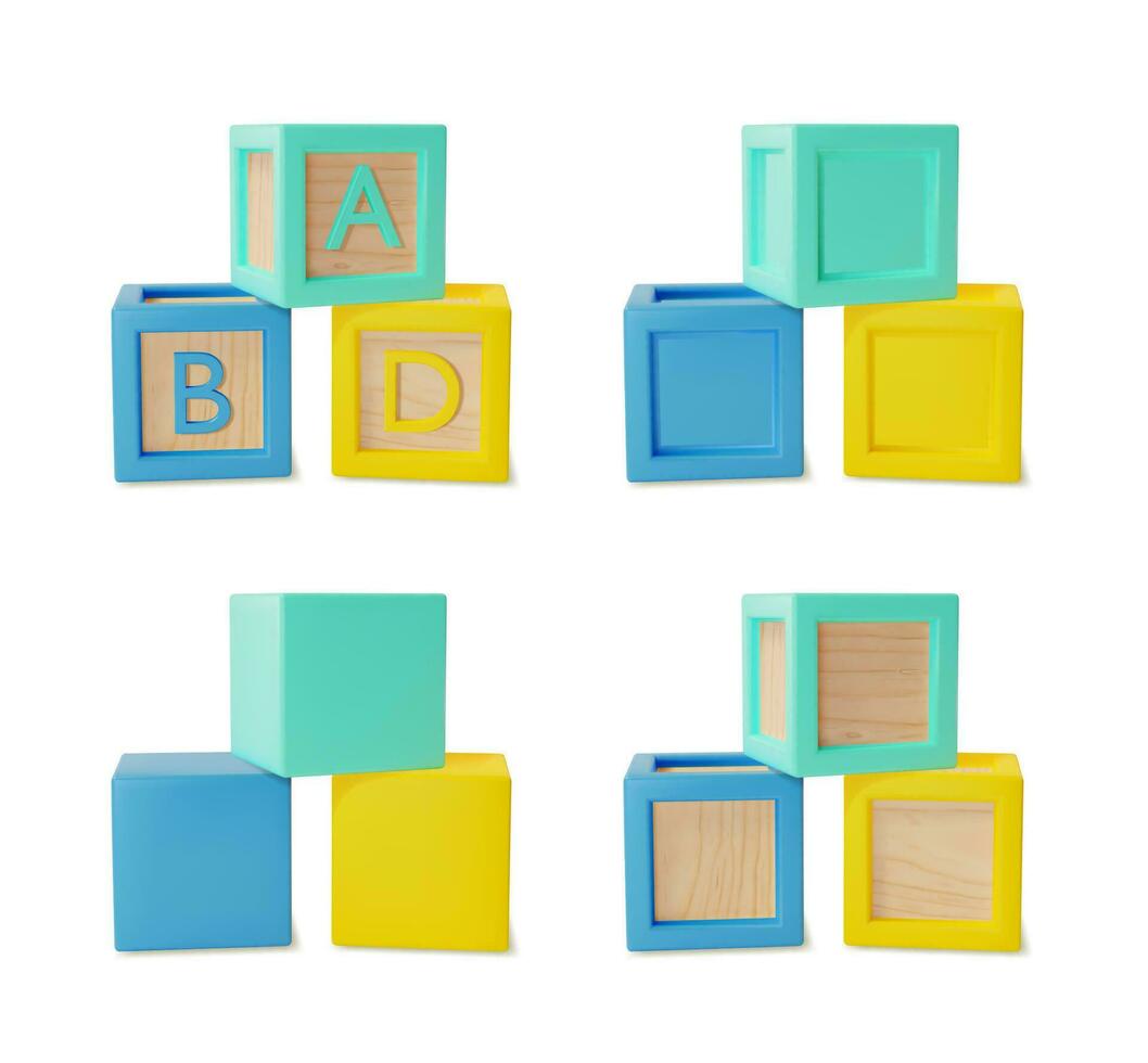 3d Different Types ABC Block Set Cartoon Style. Vector